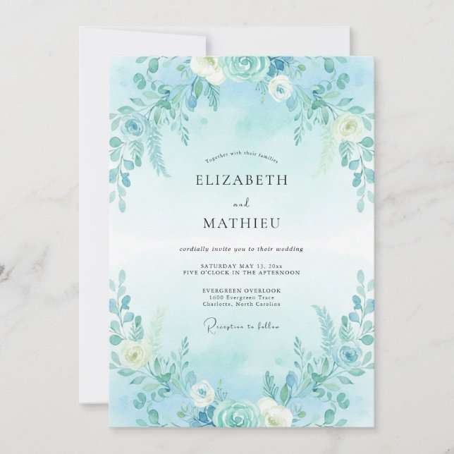 Invitation Mariage Feuillu Céruléen au Clair de Lune (Devant)
