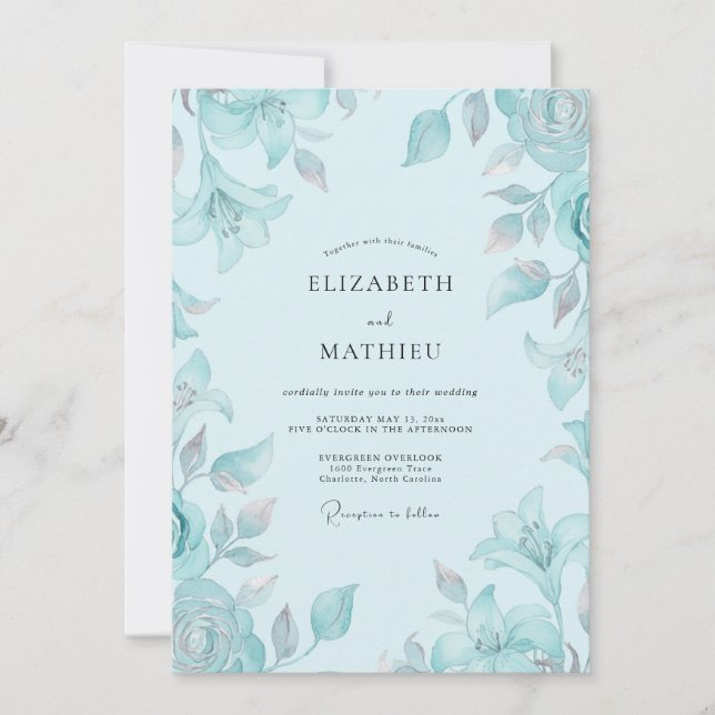 Invitation Mariage Feuillu Céruléen Glacial (Devant)