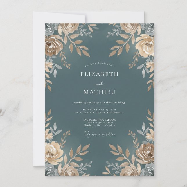 Invitation Mariage Feuillu Champagne Acier (Devant)