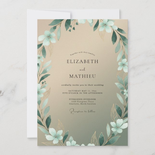 Invitation Mariage Feuillu Champagne Aqua (Devant)