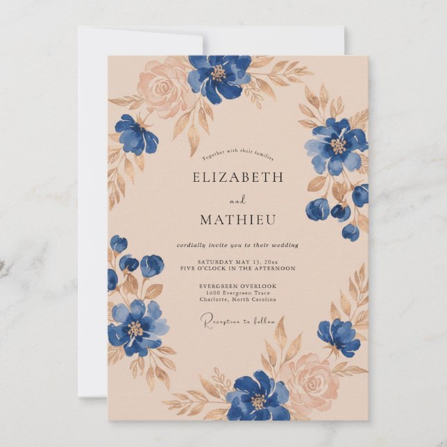 Invitation Mariage Feuillu Champagne Cobalt (Devant)