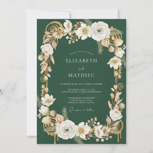 Invitation Mariage Feuillu Champagne Émeraude (Devant)