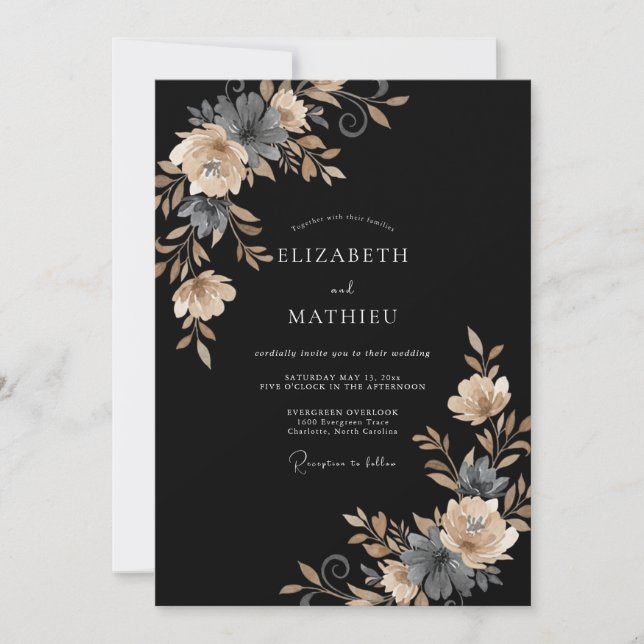 Invitation Mariage Feuillu Champagne Noir (Devant)