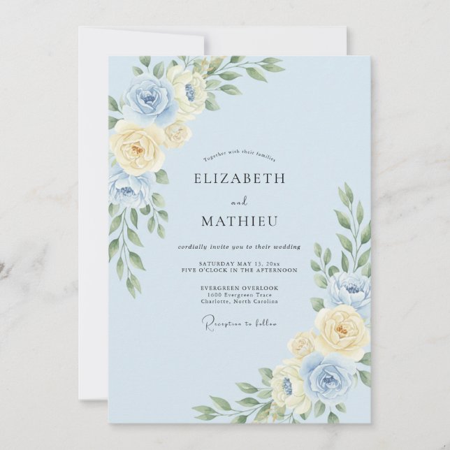 Invitation Mariage Feuillu Champagne Pervenche (Devant)