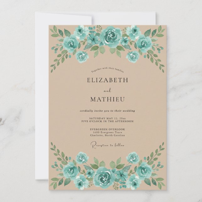 Invitation Mariage Feuillu Champagne Turquoise (Devant)