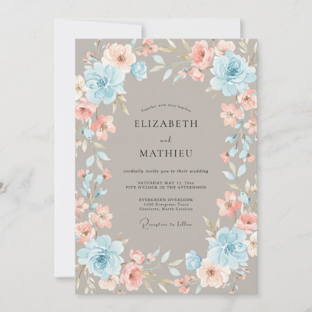 Invitation Mariage Feuillu Chaud Bleuet (Devant)