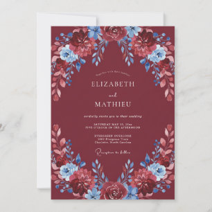 Invitation Mariage Feuillu Ciel Bleu et Bordeaux