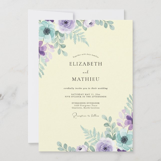 Invitation Mariage Feuillu Citron Améthyste (Devant)