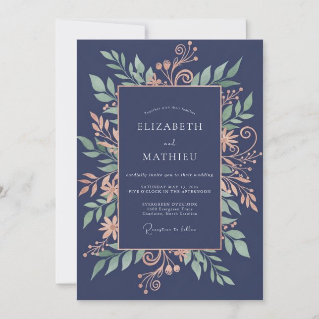 Invitation Mariage Feuillu Cuivre Poli de Minuit (Devant)