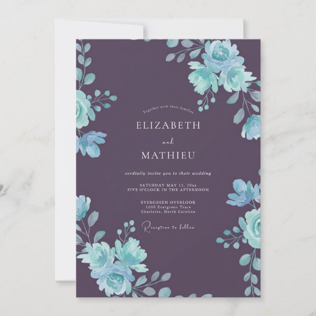 Invitation Mariage Feuillu Cyan Prune (Devant)