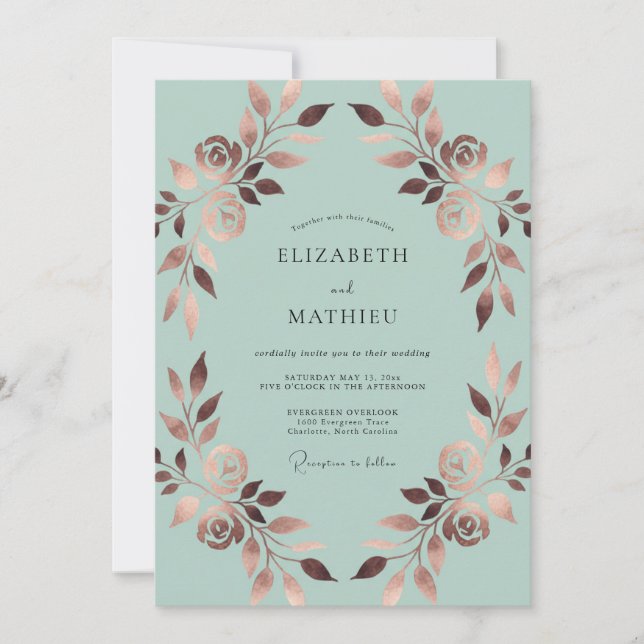 Invitation Mariage Feuillu de Cuivre Menthe (Devant)