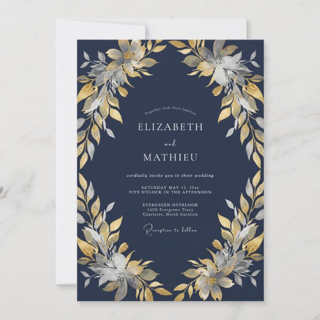 Invitation Mariage Feuillu de Minuit en Or (Devant)