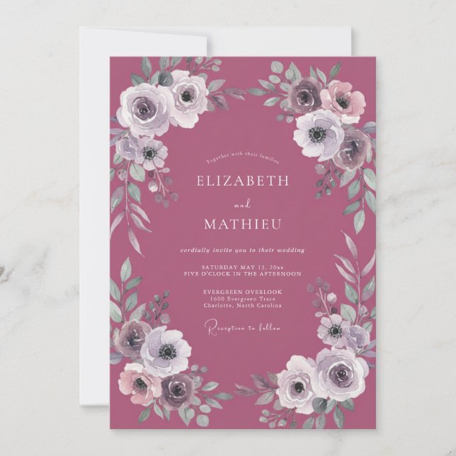 Invitation Mariage Feuillu de Renoncule Mauve (Devant)