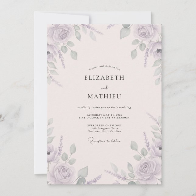 Invitation Mariage Feuillu de Sauge Mauve (Devant)