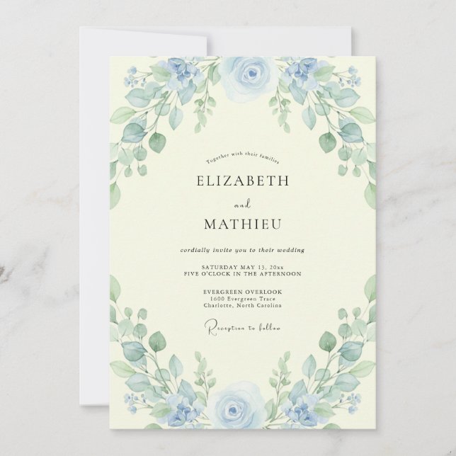 Invitation Mariage Feuillu de Teinte Azur Sage (Devant)