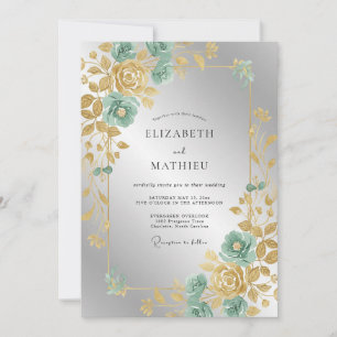Invitation Mariage Feuillu Doré et Menthe