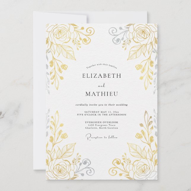 Invitation Mariage Feuillu Doré Métallisé (Devant)