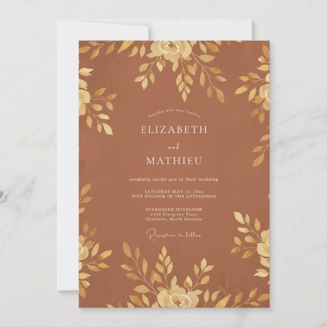 Invitation Mariage Feuillu Doré Rouille (Devant)