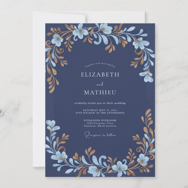 Invitation Mariage Feuillu Indigo Or (Devant)