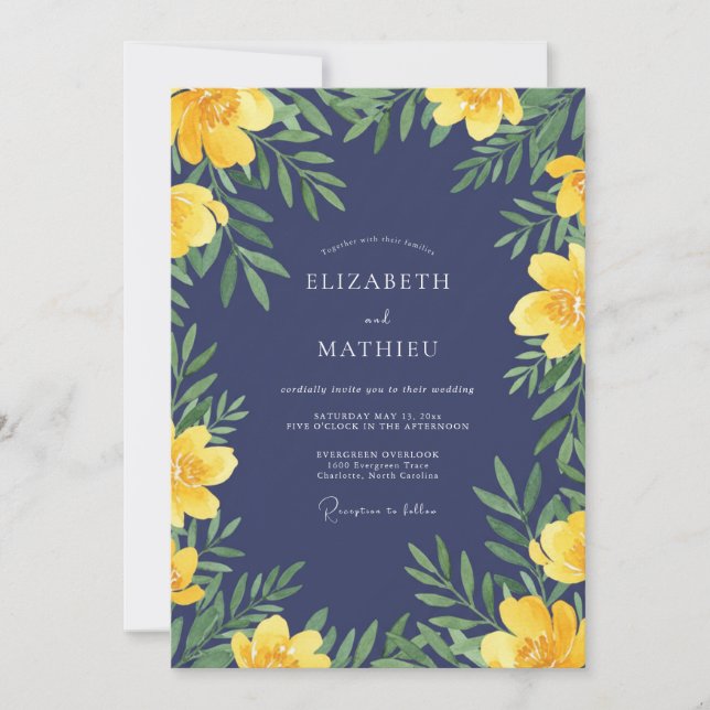 Invitation Mariage Feuillu Indigo Safran (Devant)