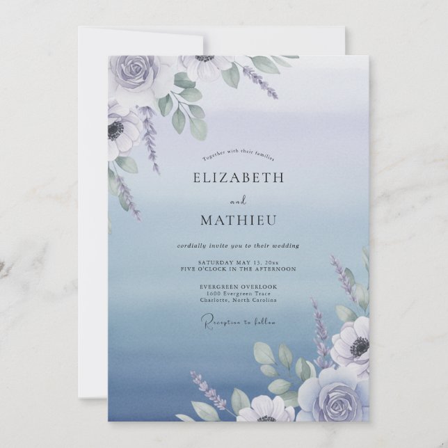 Invitation Mariage Feuillu Lavande Pâle Myosotis (Devant)