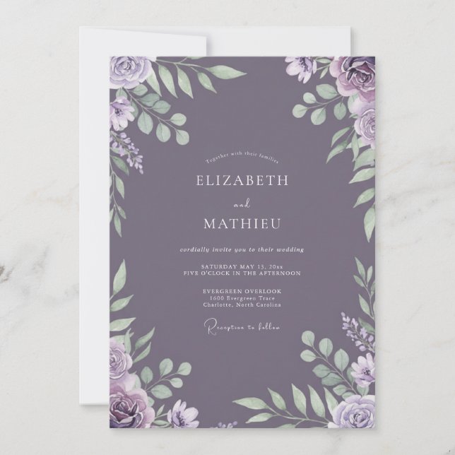 Invitation Mariage Feuillu Lavande Poussiéreux (Devant)