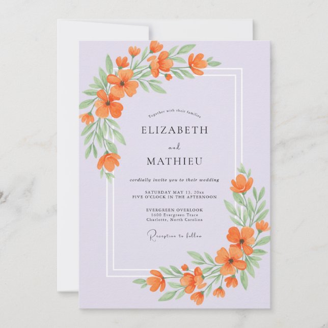 Invitation Mariage Feuillu Lilas Orange (Devant)