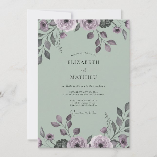 Invitation Mariage Feuillu Mauve Menthe Poussiéreux (Devant)