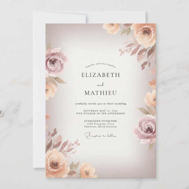 Invitation Mariage Feuillu Mauve Poussiéreux (Devant)