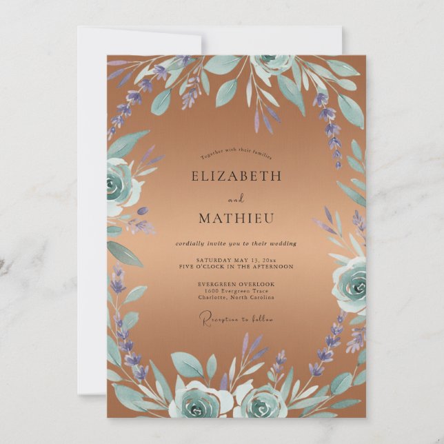 Invitation Mariage Feuillu Pervenche Cuivré (Devant)