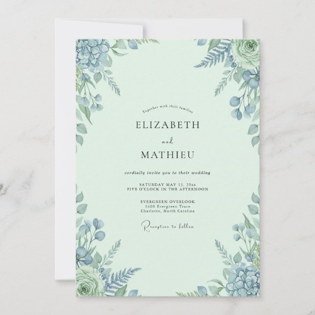 Invitation Mariage Feuillu Pervenche Mousse de Mer (Devant)