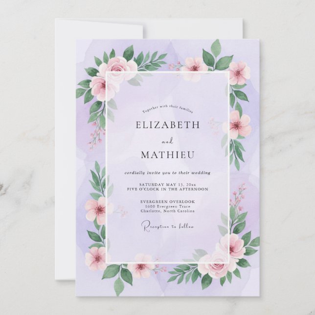 Invitation Mariage Feuillu Rose Lavande (Devant)