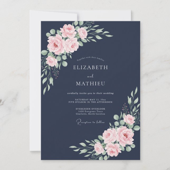 Invitation Mariage Feuillu Rose Minuit (Devant)