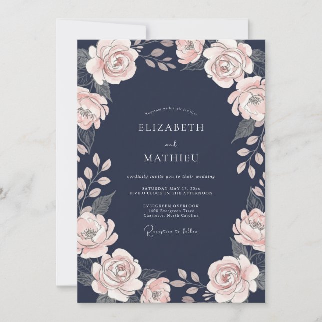 Invitation Mariage Feuillu Rose Poussiéreux de Minuit (Devant)