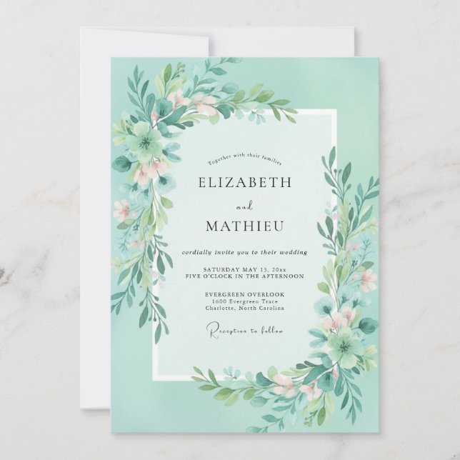 Invitation Mariage Feuillu Sage Aqua (Devant)