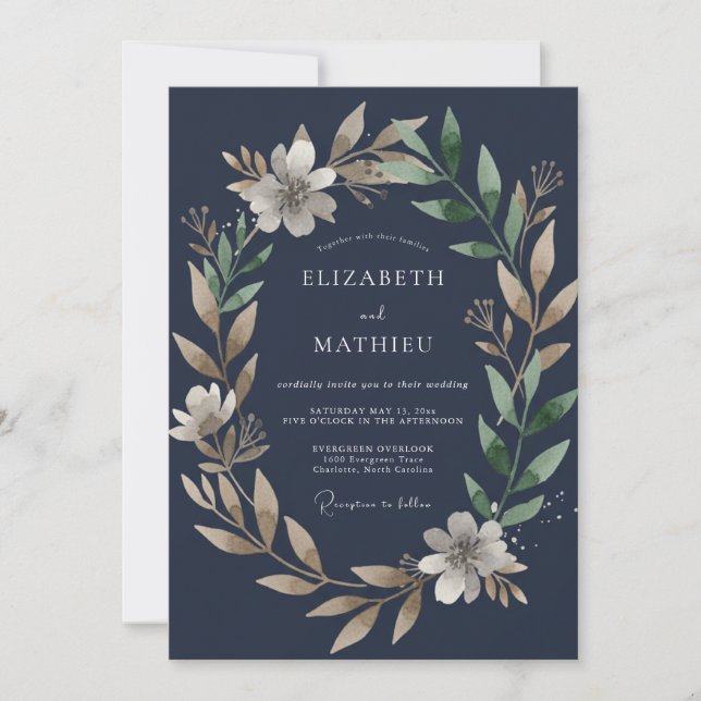 Invitation Mariage Feuillu Saphir Foncé (Devant)