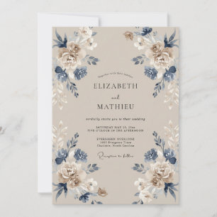 Invitation Mariage Feuillu Taupe Indigo
