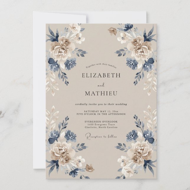 Invitation Mariage Feuillu Taupe Indigo (Devant)