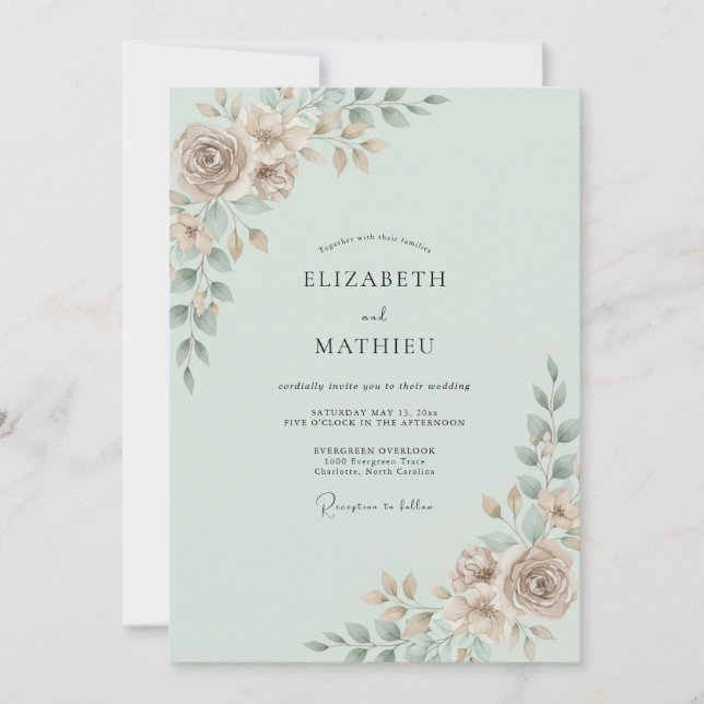 Invitation Mariage Feuillu Taupe Mousse de Mer (Devant)