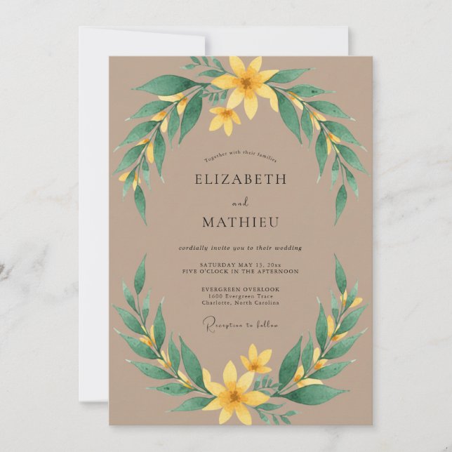 Invitation Mariage Feuillu Taupe Moutarde (Devant)