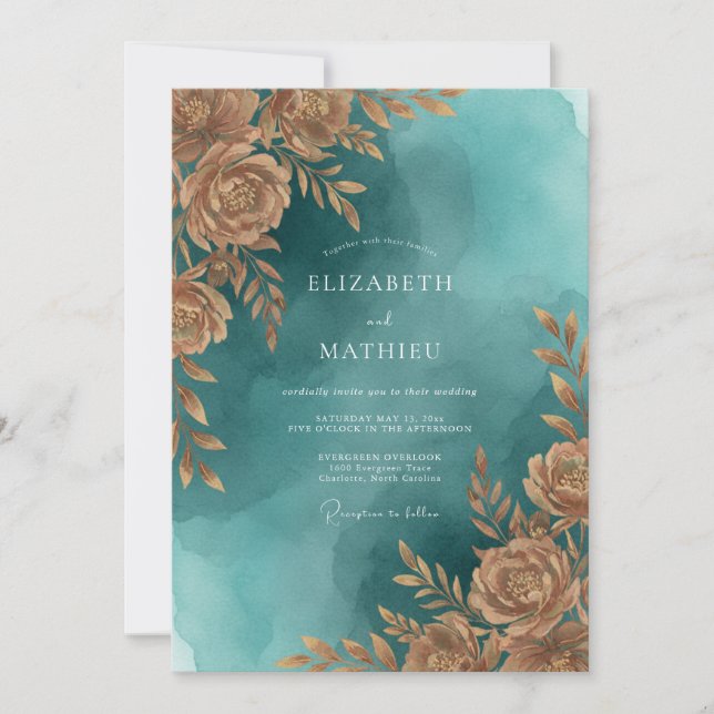 Invitation Mariage Feuillu Turquoise Cuivre (Devant)