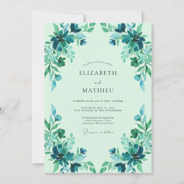 Invitation Mariage Feuillu Turquoise et Sarcelle (Devant)