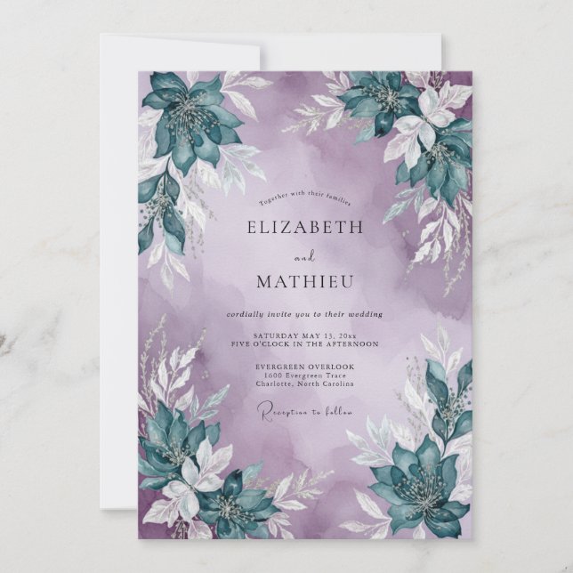 Invitation Mariage Feuillu Turquoise Lavande (Devant)
