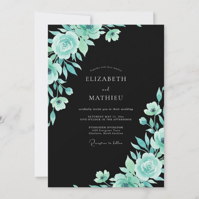 Invitation Mariage Feuillu Turquoise Noir (Devant)