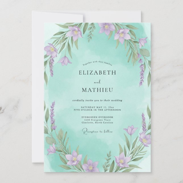 Invitation Mariage Feuillu Violet Aqua (Devant)