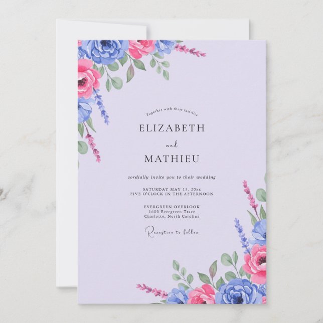 Invitation Mariage Feuillus Indigo Fuchsia (Devant)