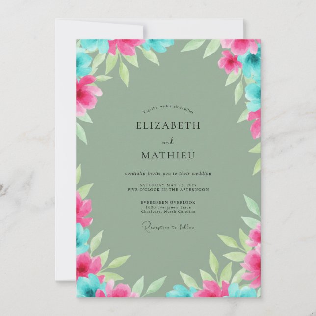 Invitation Mariage Feuillus Turquoise Magenta (Devant)