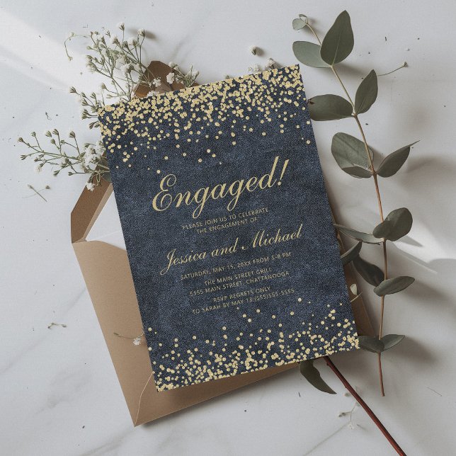 Invitation Mariage Fiançailles Bleu Nuit Paillettes Dorées (Navy blue and gold glitter engagement party invitation)
