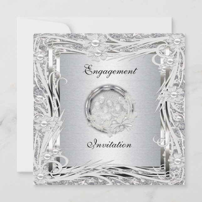 Invitation Mariage Fiançailles Cadre Floral Argent (Devant)