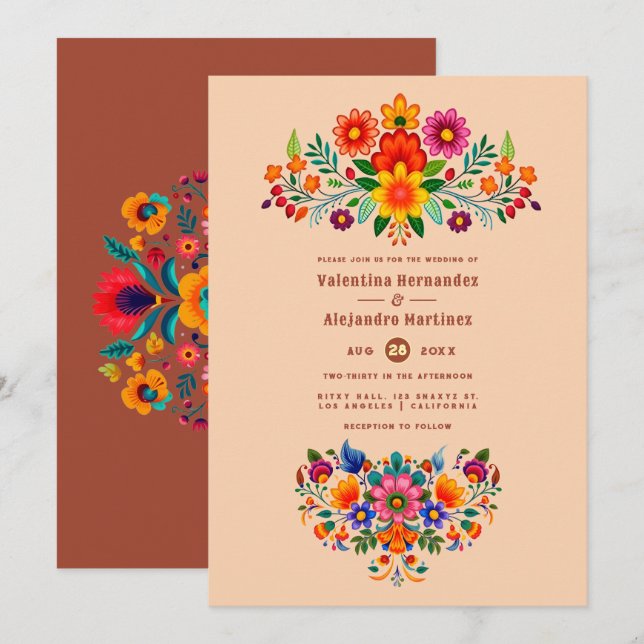 Invitation Mariage Fiesta d'Art Populaire à la Pêche Douce et (Devant / Derrière)